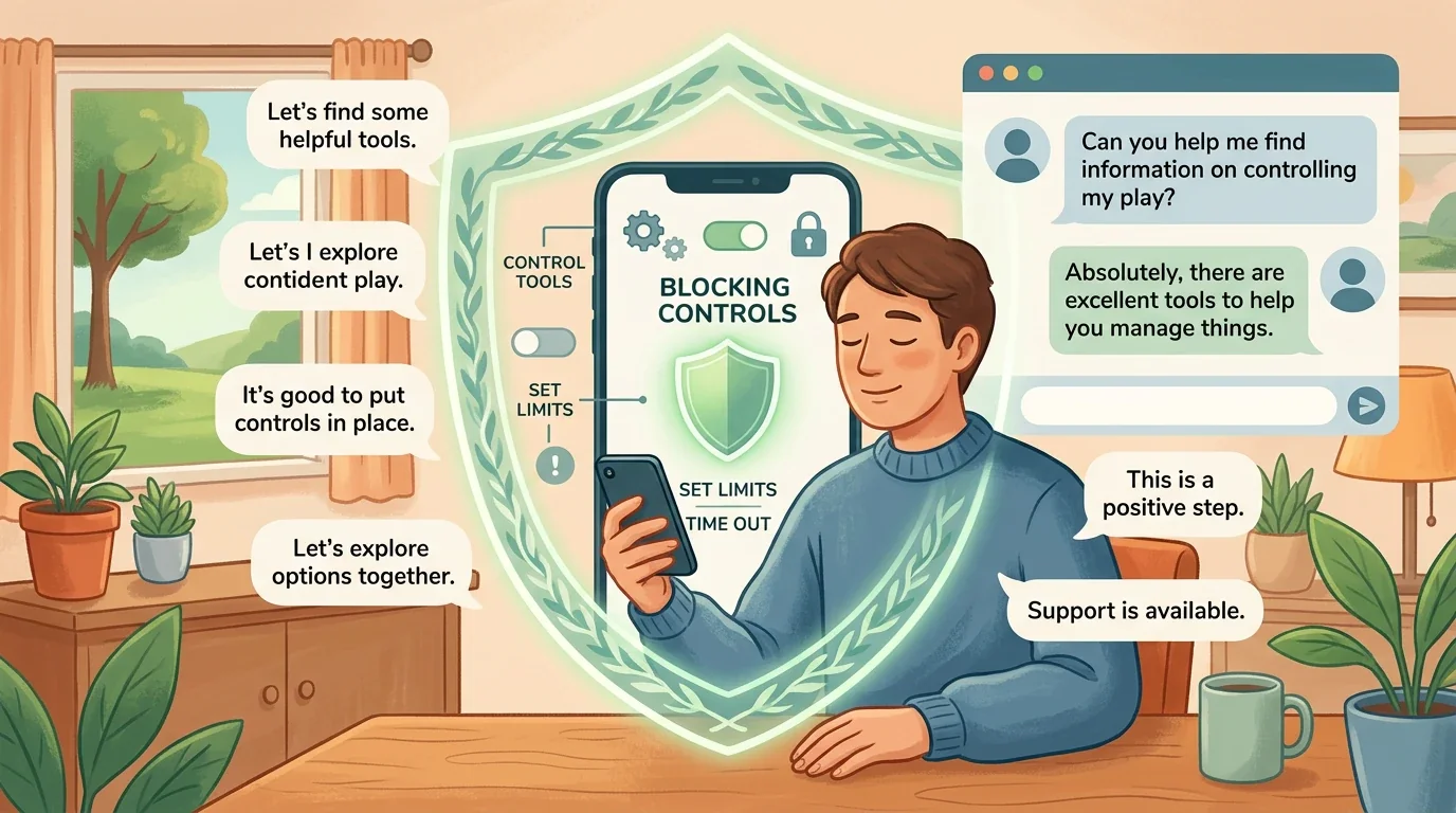 Supportive scene showing control tools, calm guidance and a protected online space